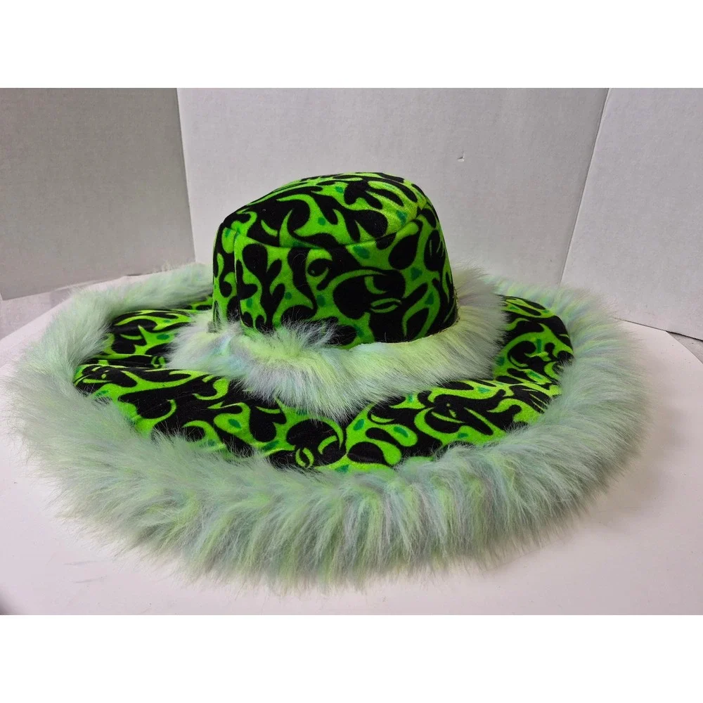 Neon Green Black Flame Print Wide Brim Hat Faux Fur Trim Festival Rave Halloween